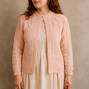 Vintage 70s 80s Pale Pink Knit Cardigan Sweater Partners Acrylic Womens M Taiwan